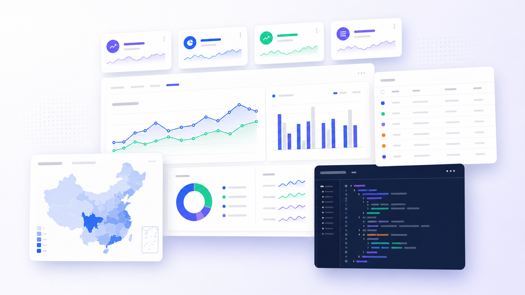 KPI、数据分析、地图、数据表和 API 代码组件组合示意